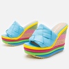 image:imagemikarka Colorful Espadrille Wedge Sandals for women Peep Toe Slip On Platform Slides Sandals Summer Beach Stacked High HeelsEspadrille2blue