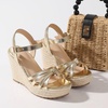 image:imagemikarka Sandals for Women 2026 Comfortable Wedge Platform Sandals Women  Braided Espadrilles for Women Ankle Strap Open Toe Wedges Heels Beach Sandals Summer Shoes394 Wedge HeelGold Metallic