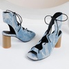 image:imagemikarka Snakeskin Pattern Heeled Sandals for Women Lace Up Cross Band High Heels Open Toe Womens Sandals1denim Blue