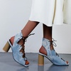 image:imagemikarka Snakeskin Pattern Heeled Sandals for Women Lace Up Cross Band High Heels Open Toe Womens Sandals1denim Blue