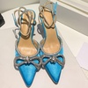 image:imagemikarka Womens Bowknot Rhinestone Stilettos Heels Pumps Ankle Strap Satin Pointed Wedding Bride Bridesmaid Dressy Heeled Shoes Sandals1light Blue