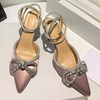 image:imagemikarka Womens Bowknot Rhinestone Stilettos Heels Pumps Ankle Strap Satin Pointed Wedding Bride Bridesmaid Dressy Heeled Shoes Sandals1light Purple