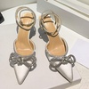 image:imagemikarka Womens Bowknot Rhinestone Stilettos Heels Pumps Ankle Strap Satin Pointed Wedding Bride Bridesmaid Dressy Heeled Shoes Sandals1white