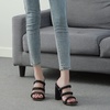 image:imagemikarka Womens Braided Straps Heels Sandals Square Open Toe Slip On Slides Backless Pumps Chunky Block Heeled Mules Sandals1black