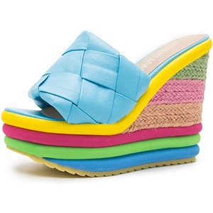 image:imagemikarka Colorful Espadrille Wedge Sandals for women Peep Toe Slip On Platform Slides Sandals Summer Beach Stacked High HeelsEspadrille2blue