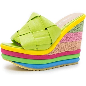 image:imagemikarka Colorful Espadrille Wedge Sandals for women Peep Toe Slip On Platform Slides Sandals Summer Beach Stacked High HeelsEspadrille2green