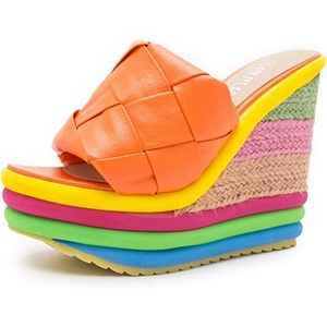 image:imagemikarka Colorful Espadrille Wedge Sandals for women Peep Toe Slip On Platform Slides Sandals Summer Beach Stacked High HeelsEspadrille2orange
