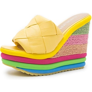 image:imagemikarka Colorful Espadrille Wedge Sandals for women Peep Toe Slip On Platform Slides Sandals Summer Beach Stacked High HeelsEspadrille2yellow