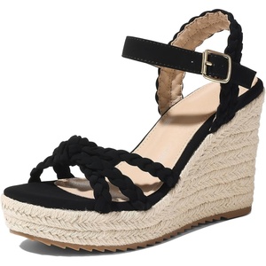 image:imagemikarka Espadrille Wedge Sandals for Women Braided Knot Ankle Strap Open Toe Platform Sandals378 Summer WedgesBlack Nubuck
