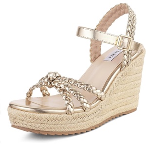 image:imagemikarka Espadrille Wedge Sandals for Women Braided Knot Ankle Strap Open Toe Platform Sandals378 Summer WedgesGold