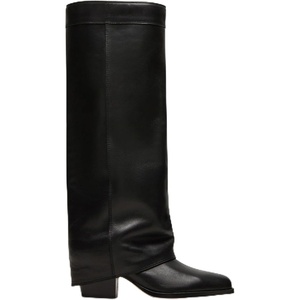 image:imagemikarka Knee High Boots Women Square Toe Fold Over Tall Boots for Women Wide Calf Chunky Heel Shark Boots Fashion Fall Thigh High BootsBlack