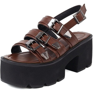 image:imagemikarka Open Toe Heeled Sandals for Women Ankle Strap with Cutout Chunky Heel Goth Platform Womens Sandals1brown