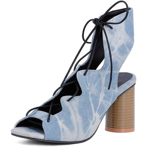 image:imagemikarka Snakeskin Pattern Heeled Sandals for Women Lace Up Cross Band High Heels Open Toe Womens Sandals1denim Blue