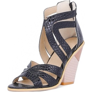 image:imagemikarka Snakeskin Pattern Heeled Sandals for Women Lace Up Cross Band High Heels Open Toe Womens Sandals2black
