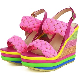 image:imagemikarka Wedge Sandals for Women Dressy Ankle Strap Colorful Heels Espadrille Platform Sandals Boho Open Toe Candies Shoes1pink