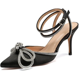 image:imagemikarka Womens Bowknot Rhinestone Stilettos Heels Pumps Ankle Strap Satin Pointed Wedding Bride Bridesmaid Dressy Heeled Shoes Sandals1black