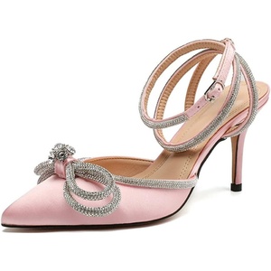 image:imagemikarka Womens Bowknot Rhinestone Stilettos Heels Pumps Ankle Strap Satin Pointed Wedding Bride Bridesmaid Dressy Heeled Shoes Sandals1pink