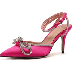 image:imagemikarka Womens Bowknot Rhinestone Stilettos Heels Pumps Ankle Strap Satin Pointed Wedding Bride Bridesmaid Dressy Heeled Shoes Sandals1rose Red