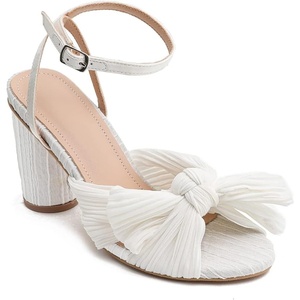image:imagemikarka Womens Chunky High Heel Sandals Pleated Bow Open Toe Bridal Wedding Shoes Pumps Ankle Strap Heeled Sandals1beige