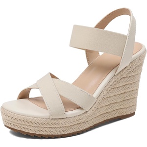 image:imagemikarka Womens Open Toe Espadrilles Wedge Sandal Slip On Elastic Ankle Strap Platform Sandals Dressy Comfortable Wedges ShoeApricot