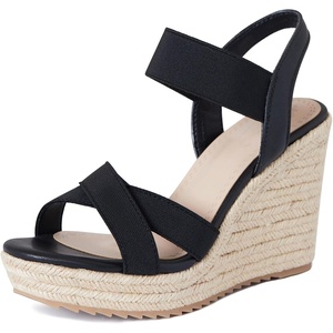 image:imagemikarka Womens Open Toe Espadrilles Wedge Sandal Slip On Elastic Ankle Strap Platform Sandals Dressy Comfortable Wedges ShoeBlack