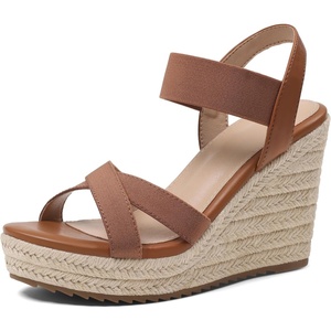 image:imagemikarka Womens Open Toe Espadrilles Wedge Sandal Slip On Elastic Ankle Strap Platform Sandals Dressy Comfortable Wedges ShoeBrown