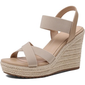 image:imagemikarka Womens Open Toe Espadrilles Wedge Sandal Slip On Elastic Ankle Strap Platform Sandals Dressy Comfortable Wedges ShoeNude