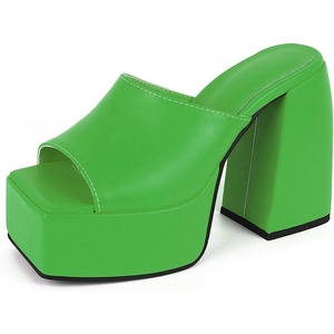 image:imagemikarka Womens SlipOn Platform Heeled Sandals Cute Squre Toe Chunky Block High Heel Dress Sandals Open Toe Slides Womens Party Shoes1green