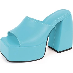 image:imagemikarka Womens SlipOn Platform Heeled Sandals Cute Squre Toe Chunky Block High Heel Dress Sandals Open Toe Slides Womens Party Shoes1light Blue