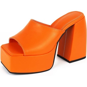 image:imagemikarka Womens SlipOn Platform Heeled Sandals Cute Squre Toe Chunky Block High Heel Dress Sandals Open Toe Slides Womens Party Shoes1orange