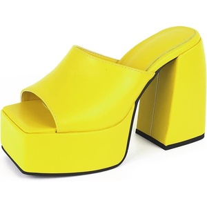 image:imagemikarka Womens SlipOn Platform Heeled Sandals Cute Squre Toe Chunky Block High Heel Dress Sandals Open Toe Slides Womens Party Shoes1yellow