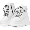 image:imagemikarka Holographic Platform Boots for Women Lace Up Ankle Studded Buckle Goth Stacked Wedge Combat Ankle BootsLace Wedgewhite