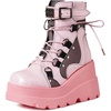 image:imagemikarka Holographic Platform Boots for Women Lace Up Ankle Studded Buckle Goth Stacked Wedge Combat Ankle BootsStuddedpink