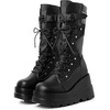 image:imagemikarka Womens Holographic Platform Mid Calf Combat Boots Lace Up Wedge Heel Studded Goth Knee High BootsDustblack