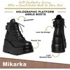image:imagemikarka Holographic Platform Boots for Women Lace Up Ankle Studded Buckle Goth Stacked Wedge Combat Ankle BootsLace Wedgeblack