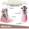 image:imagemikarka Holographic Platform Boots for Women Lace Up Ankle Studded Buckle Goth Stacked Wedge Combat Ankle BootsStuddedpink