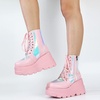 image:imagemikarka Holographic Platform Boots for Women Lace Up Ankle Studded Buckle Goth Stacked Wedge Combat Ankle BootsZipper Wedgepink