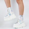 image:imagemikarka Holographic Platform Boots for Women Lace Up Ankle Studded Buckle Goth Stacked Wedge Combat Ankle BootsZipper Wedgewhite