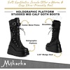 image:imagemikarka Womens Holographic Platform Mid Calf Combat Boots Lace Up Wedge Heel Studded Goth Knee High BootsDustblack