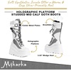 image:imagemikarka Womens Holographic Platform Mid Calf Combat Boots Lace Up Wedge Heel Studded Goth Knee High BootsDustwhite