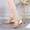 image:imagemikarka Womens Wedge Sandals With Candy Color Ankle Buckle Strap Platform Sandals Chunky High Heels Summer Shoes1gold