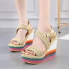 image:imagemikarka Womens Wedge Sandals With Candy Color Ankle Buckle Strap Platform Sandals Chunky High Heels Summer Shoes1gold