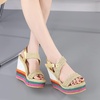 image:imagemikarka Womens Wedge Sandals With Candy Color Ankle Buckle Strap Platform Sandals Chunky High Heels Summer Shoes1gold