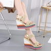 image:imagemikarka Womens Wedge Sandals With Candy Color Ankle Buckle Strap Platform Sandals Chunky High Heels Summer Shoes1gold