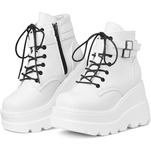 image:imagemikarka Holographic Platform Boots for Women Lace Up Ankle Studded Buckle Goth Stacked Wedge Combat Ankle BootsLace Wedgewhite