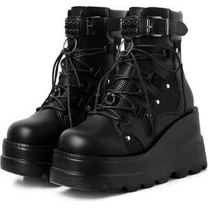 image:imagemikarka Holographic Platform Boots for Women Lace Up Ankle Studded Buckle Goth Stacked Wedge Combat Ankle BootsStuddedblack
