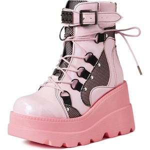 image:imagemikarka Holographic Platform Boots for Women Lace Up Ankle Studded Buckle Goth Stacked Wedge Combat Ankle BootsStuddedpink
