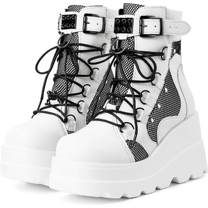 image:imagemikarka Holographic Platform Boots for Women Lace Up Ankle Studded Buckle Goth Stacked Wedge Combat Ankle BootsStuddedwhite