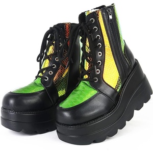image:imagemikarka Holographic Platform Boots for Women Lace Up Ankle Studded Buckle Goth Stacked Wedge Combat Ankle BootsZipper Wedgeblack