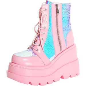 image:imagemikarka Holographic Platform Boots for Women Lace Up Ankle Studded Buckle Goth Stacked Wedge Combat Ankle BootsZipper Wedgepink
